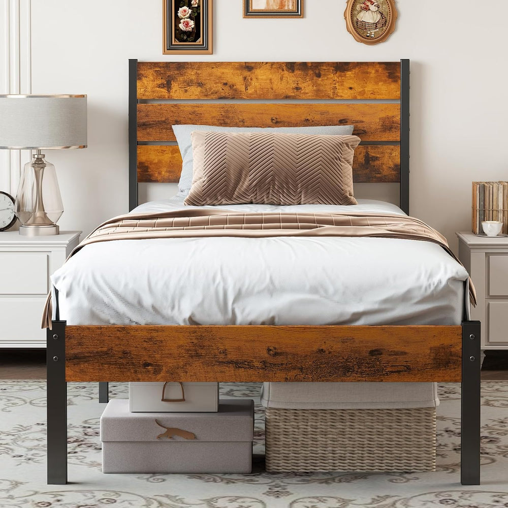 OLIXIS Twin Platform Bed Frame with Wooden Headboard and Footboard, Heavy Dut...