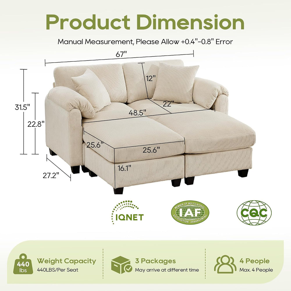 IPKIG Corduroy Modular Sectional Sofa Couch (Beige, 67 Inch 4-Seater)