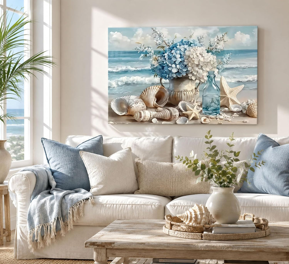 YKVDOROK Blue Ocean Beach Wall Art Coastal Bathroom Canvas Wall Decor