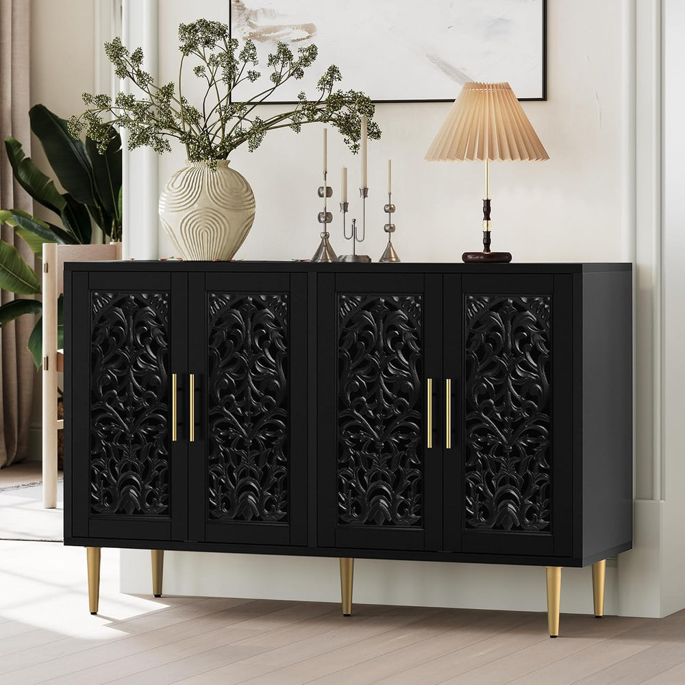 ARTPOWER 47.8" Vintage Accent Cabinet with 4 Hollow Carving Doors, Black
