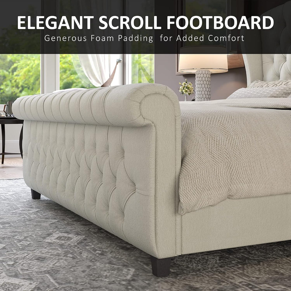 AMERLIFE King Size Upholstered Sleigh Platform Bed Frame with Headboard