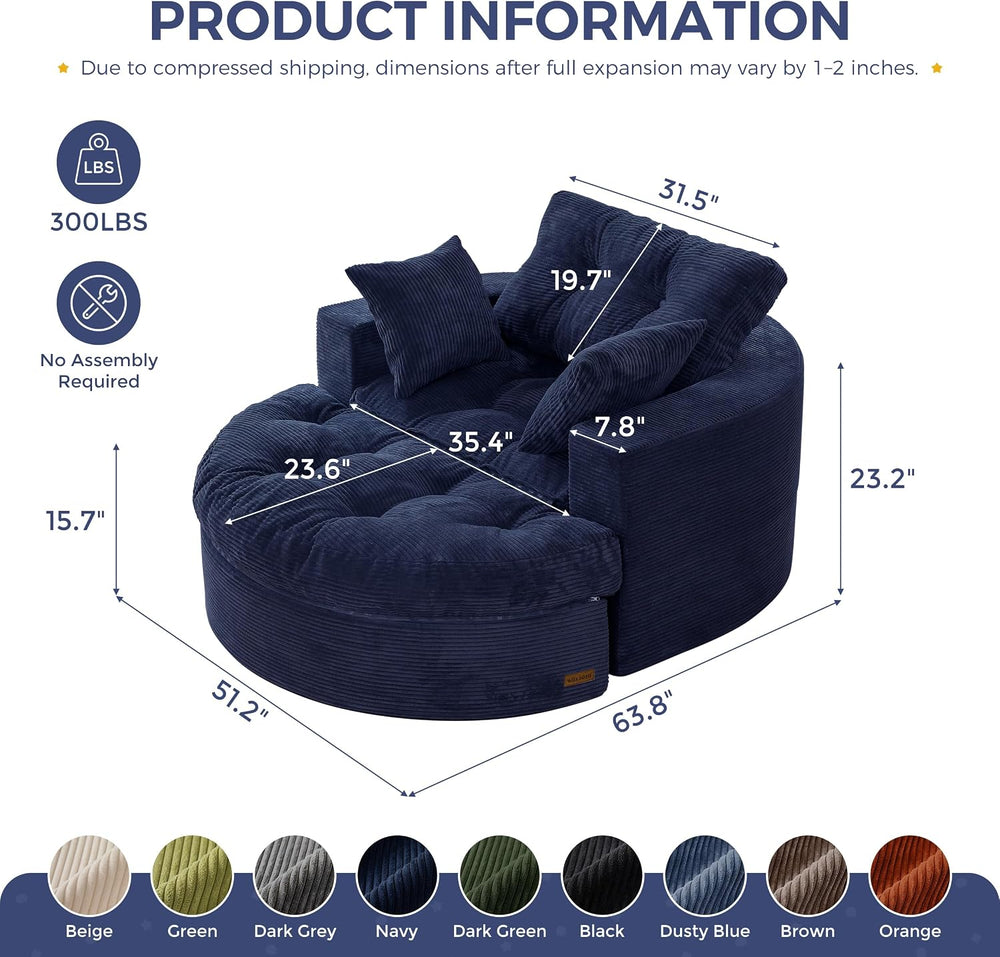 MAXYOYO Oversized Round Chaise Lounge Sofa, Boneless Chair with Ottoman