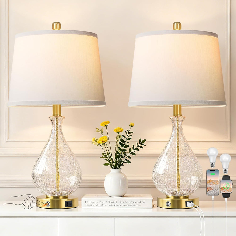 QiMH Bedside Lamps Set of 2, Modern Glass Table Lamps for Living Room