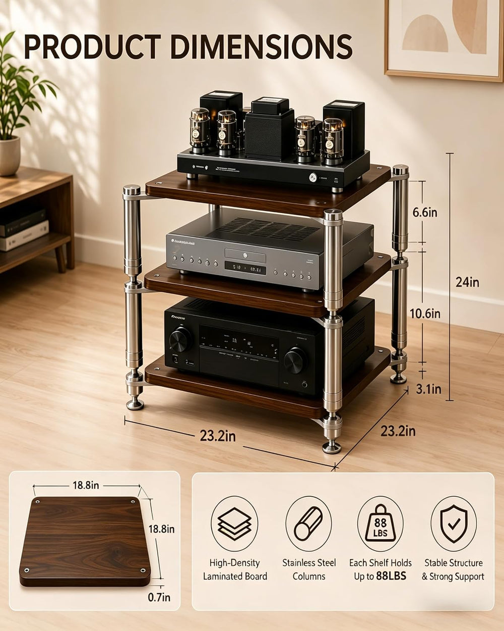 3-Tier HiFi Audio Rack, Audio Component Stand Black Walnut
