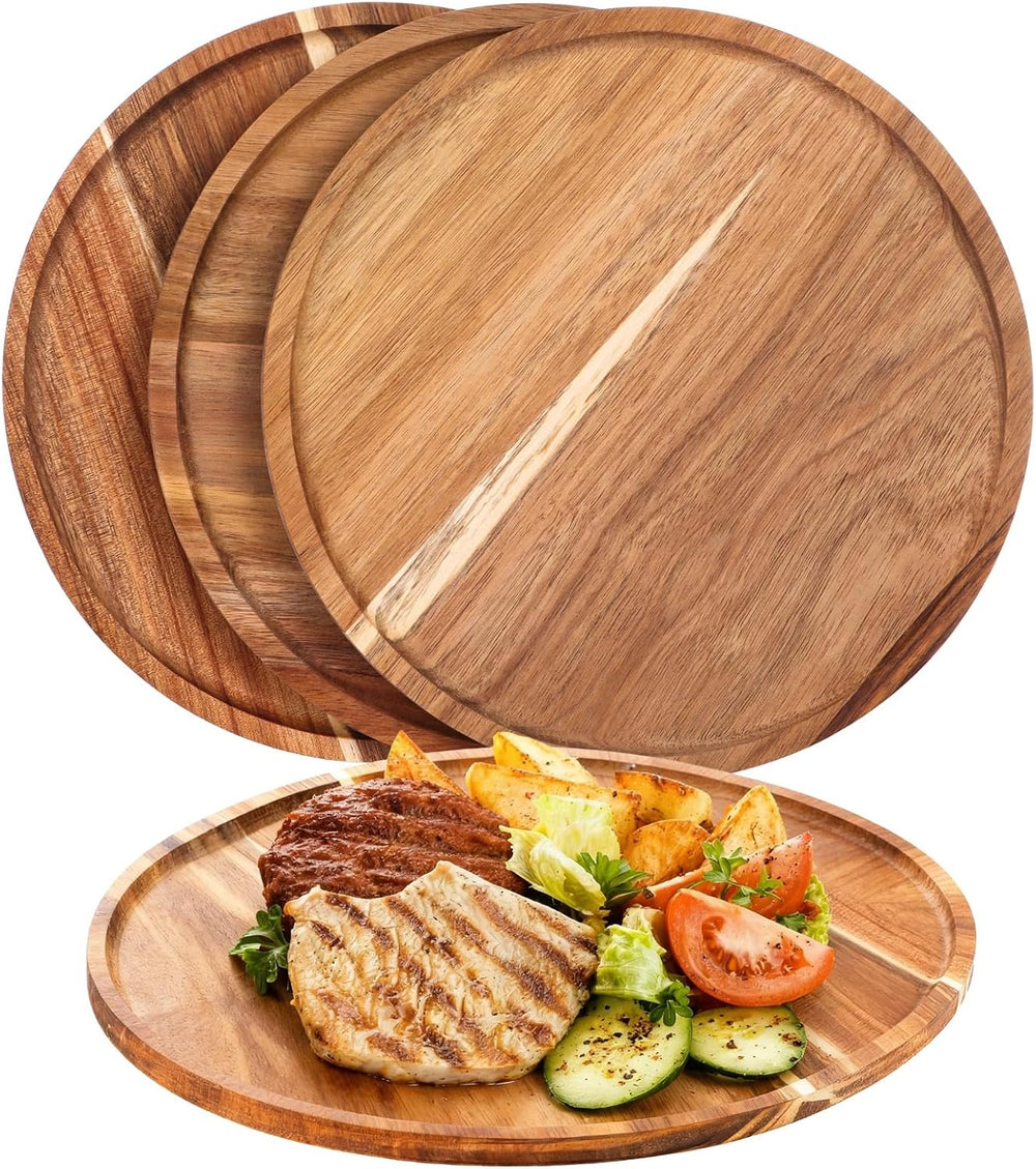 OMISTAR 4 Pcs Acacia Round Wood Dinner Plates, 9.8 in Decorative Wooden Plate...