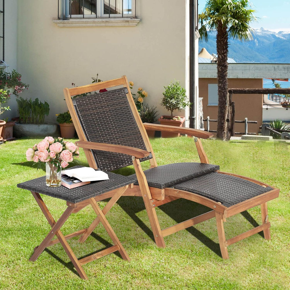 Tangkula Patio Lounge Chair and Side Table Set of 2, Acacia Wood Wicker Foldi...
