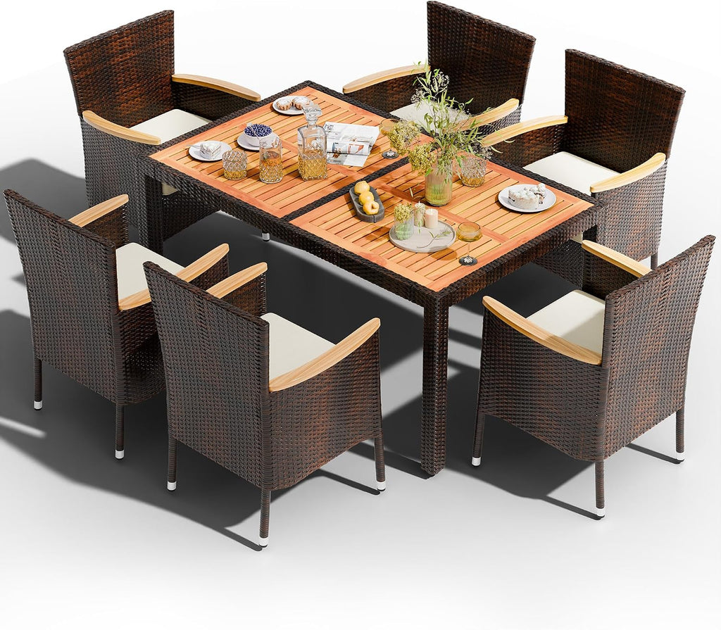 shintenchi 7 pcs wicker patio dining set, brown on a desk or shelf