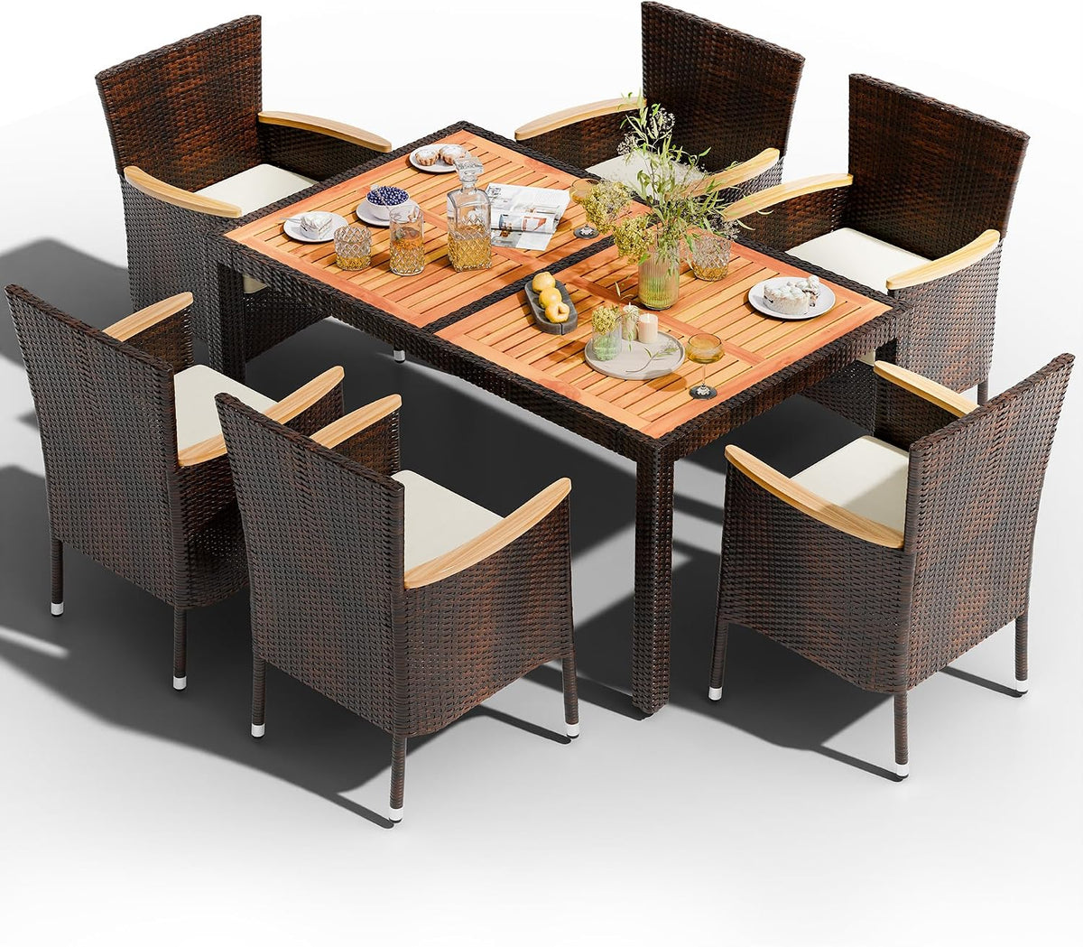 shintenchi 7 pcs wicker patio dining set, brown on a desk or shelf