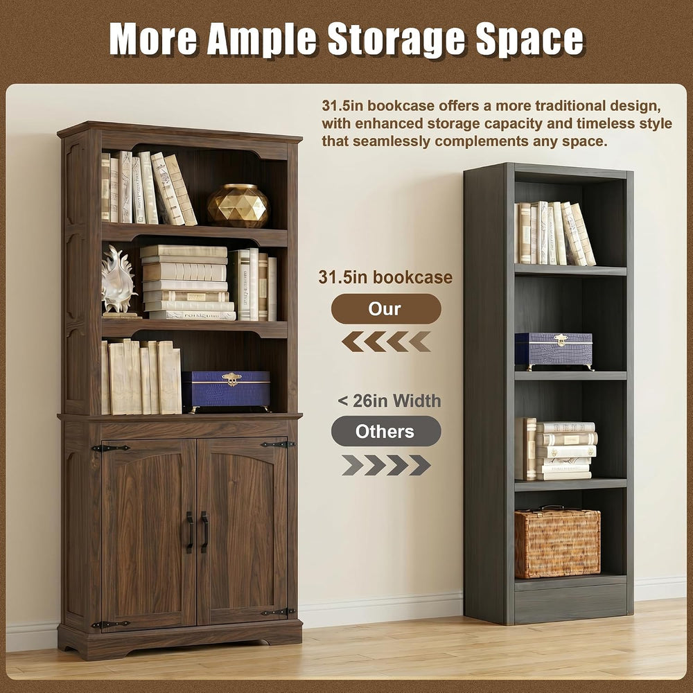 70”Walnut Bookcase Bookshelf, 5-Tier Farmhouse Bookcases with Doors