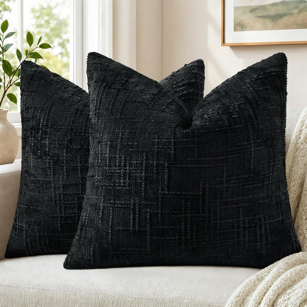 Pallene Black Textured Chenille Throw Pillow Covers 24x24 Set of 2