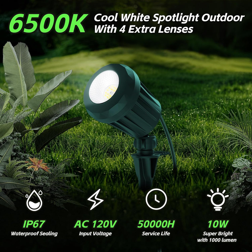 Halloween & Christmas Outdoor Spotlight, 6500K Cool White LED Landscape Lighting with 4 Lenses (RGB Purple), IP67 Waterproof, 120V Plug-in for Yard, Garden Tree Holiday Decor(2 Pack, Green)