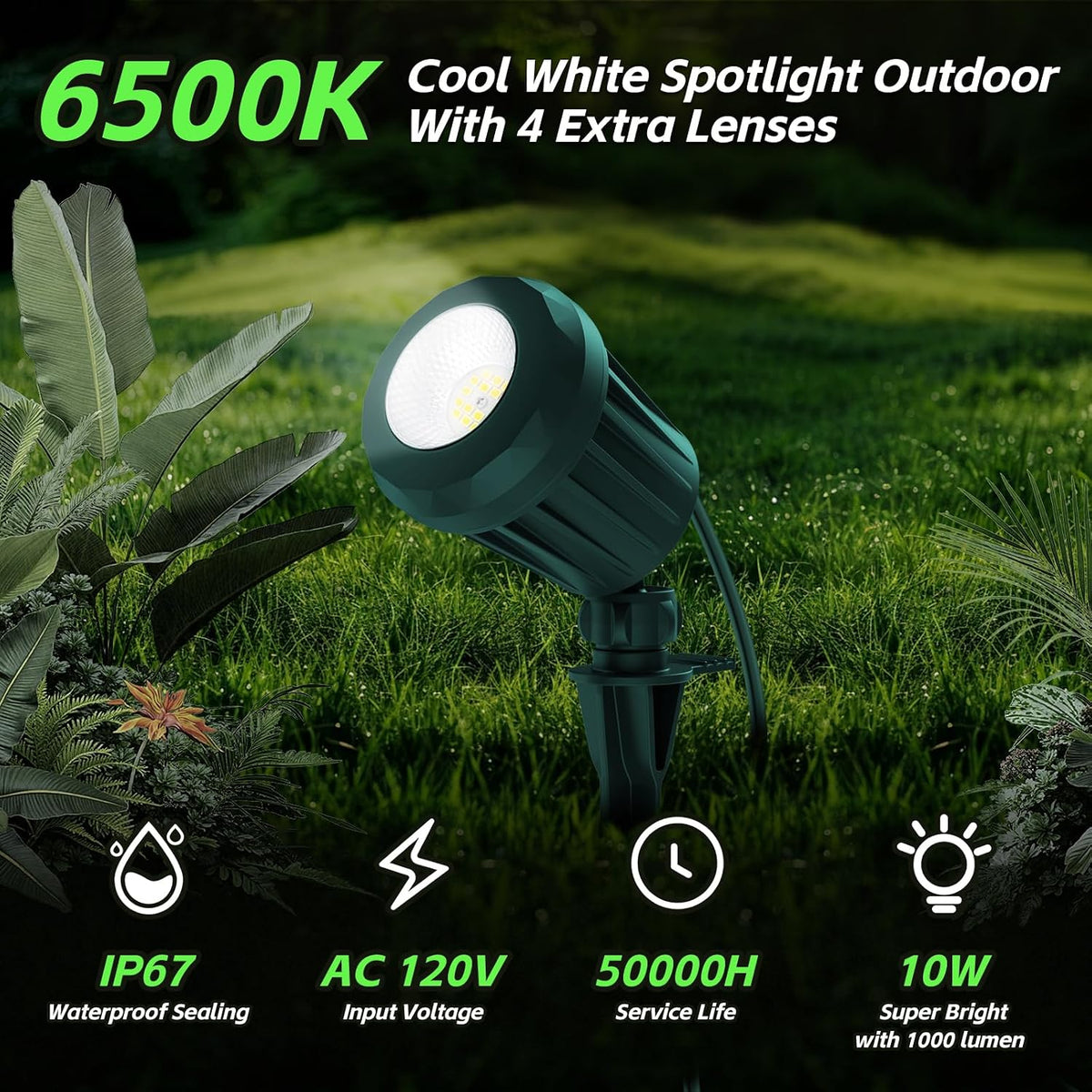 Halloween & Christmas Outdoor Spotlight, 6500K Cool White LED Landscape Lighting with 4 Lenses (RGB Purple), IP67 Waterproof, 120V Plug-in for Yard, Garden Tree Holiday Decor(2 Pack, Green)