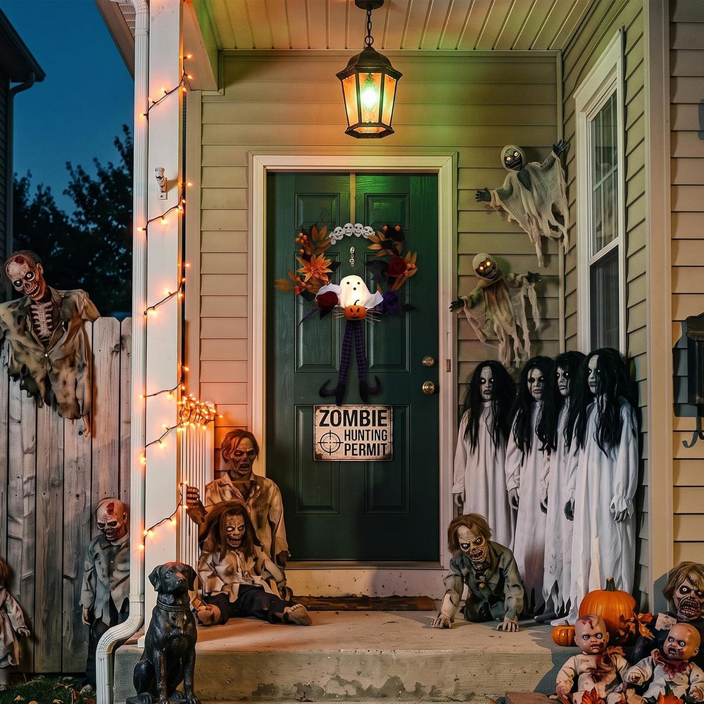 28Inch Length Halloween Wreath for Front Door, Gothic Lighted Fall Wreath