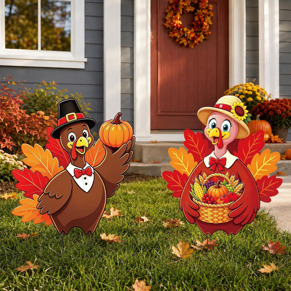 2 Pack Thansgiving Turkey Garden Stakes Metal Turkey Pumpkin Fall Yard Sign