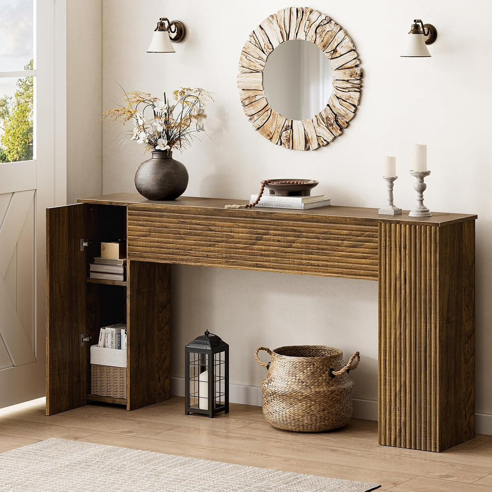 FABATO 61” Fluted Long Console Table with 2 Hidden Storage Cabinets, Brown