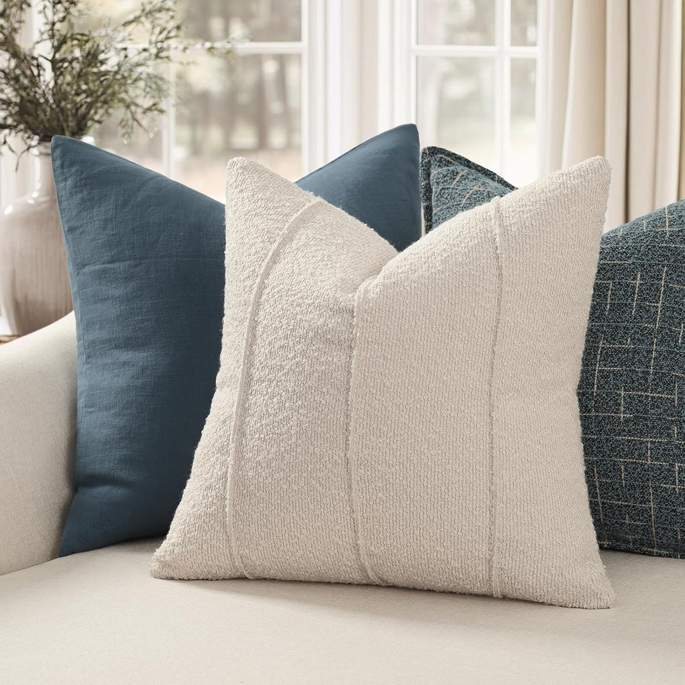 YCOLL Textured Boucle Throw Pillow Covers 22x22 Pack of 2 - Soft Neutral Stri...