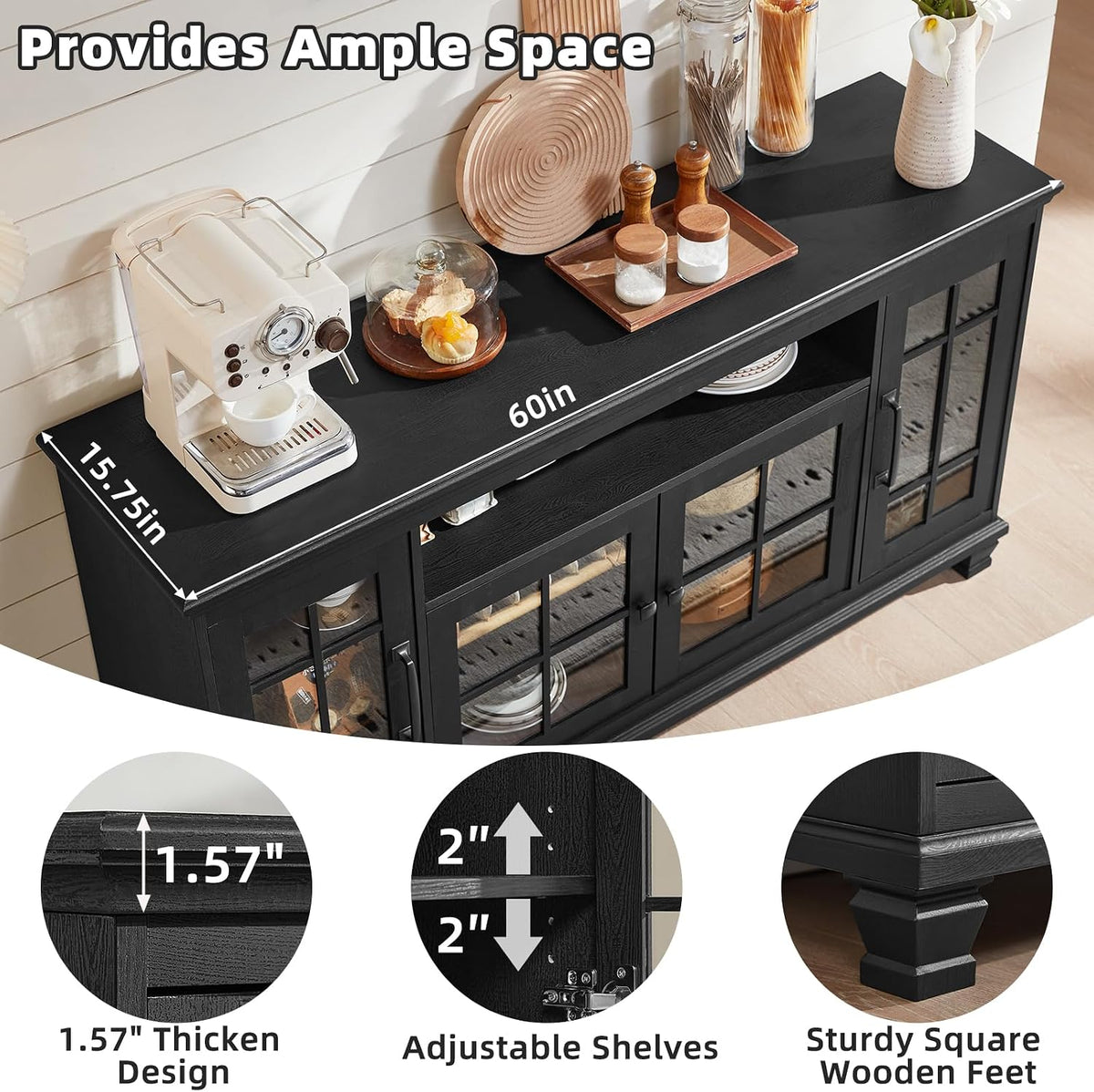 SAVOR LIFE 60-Inch Sideboard Buffet with Glass Doors,Black