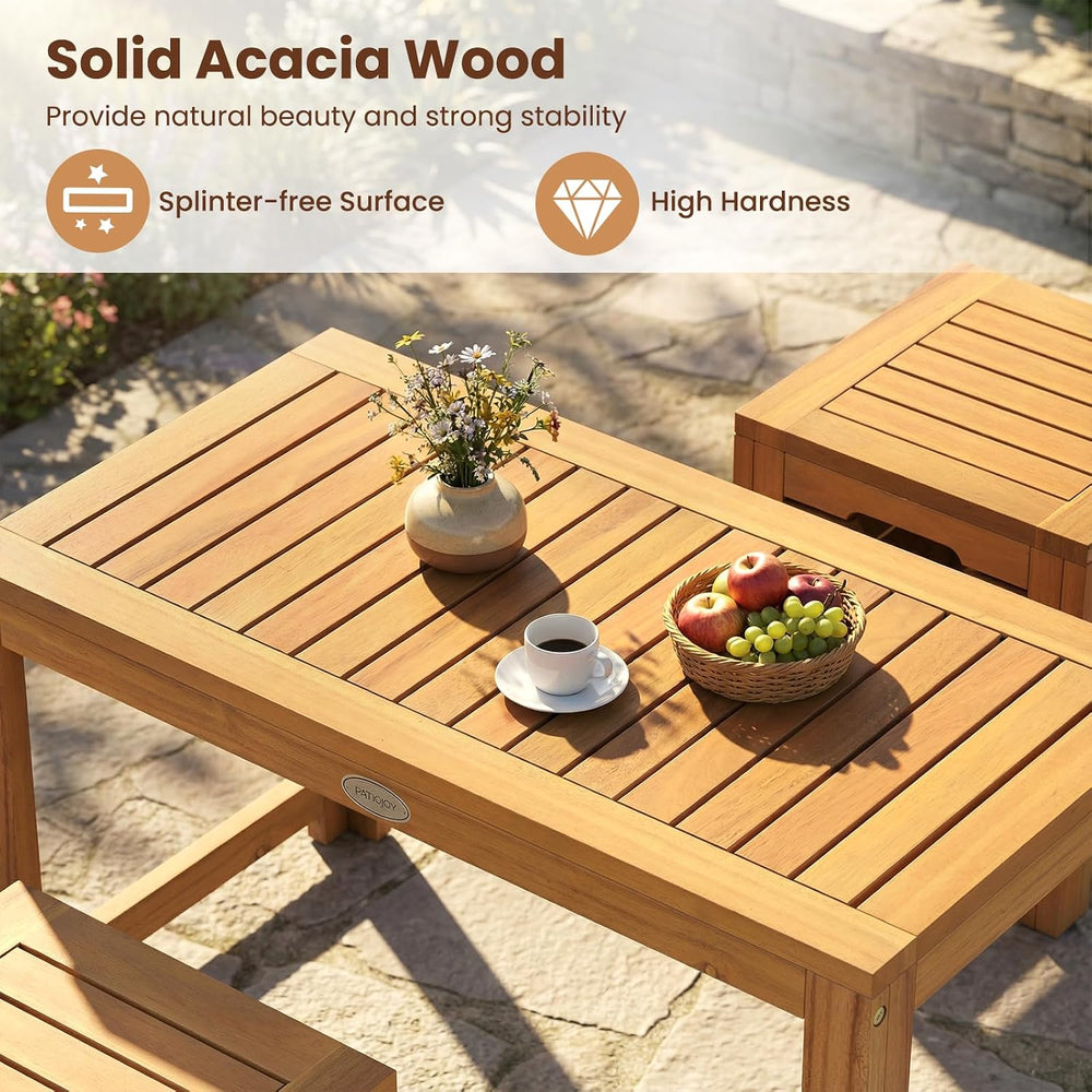 Tangkula Acacia Wood Outdoor Coffee Table with Stools Set of 2, 3 Pieces Pati...