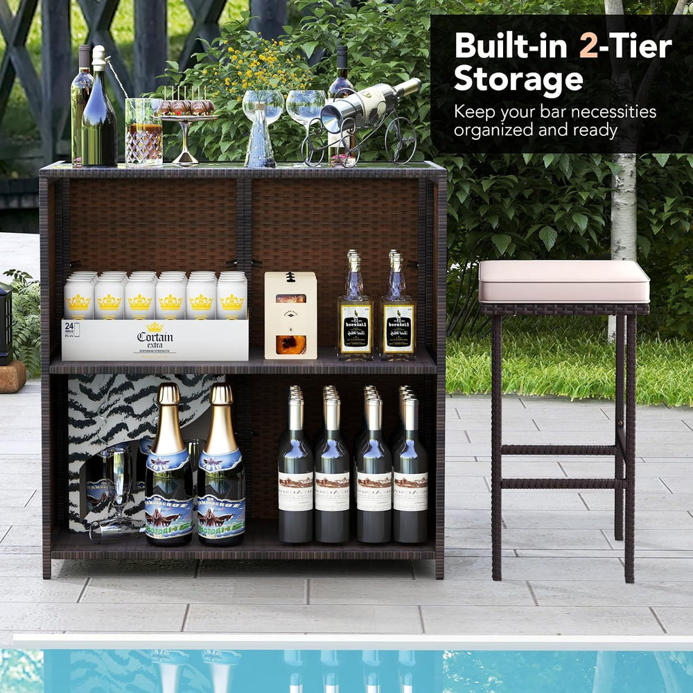 Tangkula 3 Piece Patio Bar Set, Outdoor Rattan Bar Table and 2 Stools with Te...
