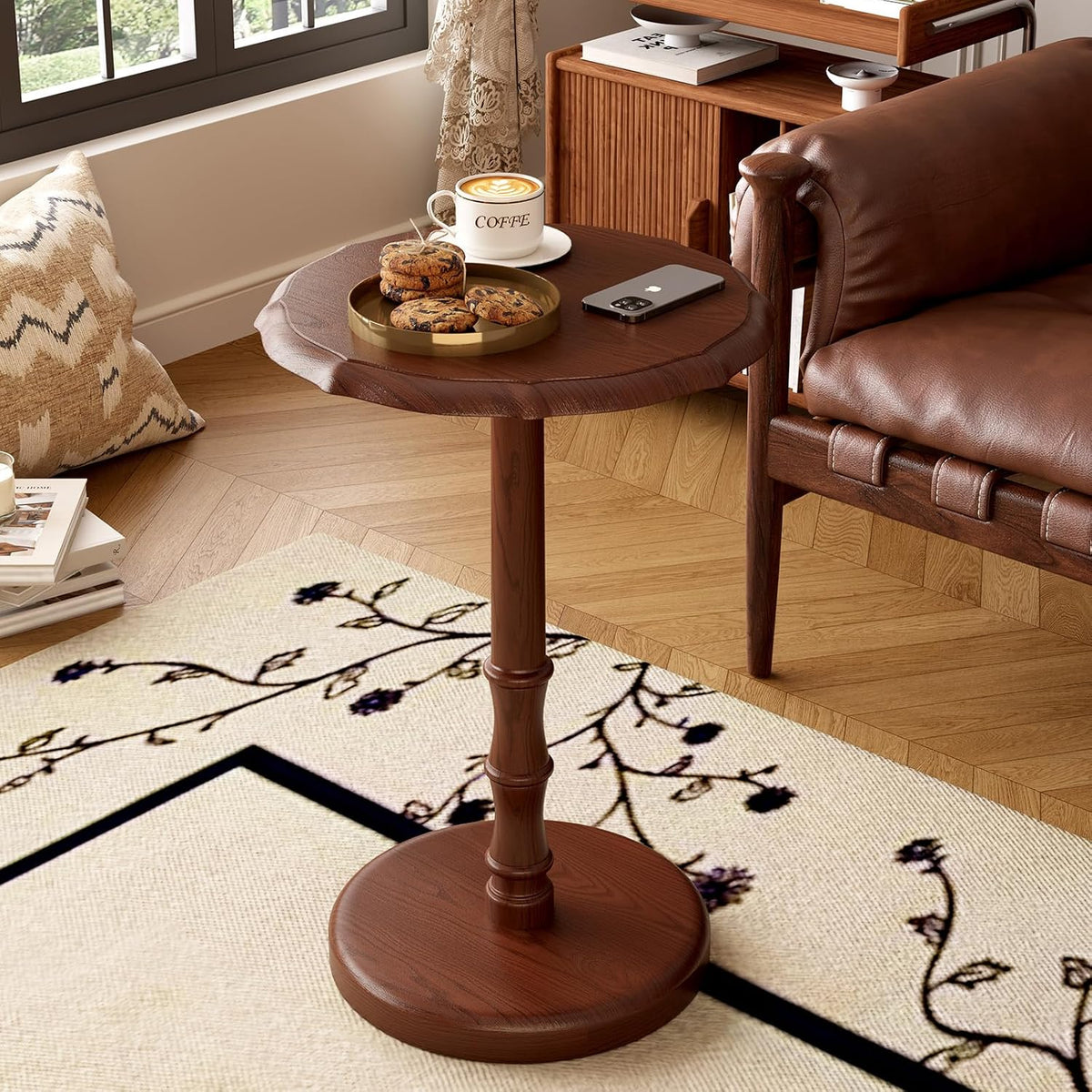 Vintage Pedestal Side Table, 100% Solid Wood Round End Table, Walnut | Small Accent Drink Tables, Portable Nightstand, for Couch, Living Room, Bedroom, Mid-Century Modern, 5-Min Tool-Free Assembly