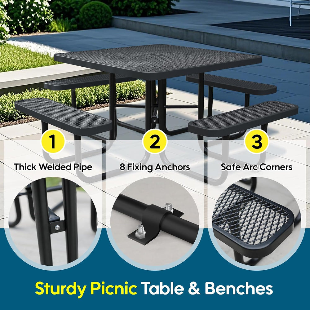 8-Person Picnic Tables for Outdoors, Industrial 46" Expanded Metal Squar...