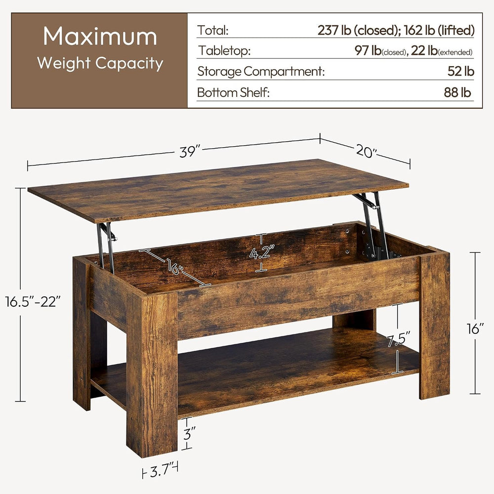 Yaheetech 38.6" Lift Top Coffee Table with Hidden Storage, Rustic Brown
