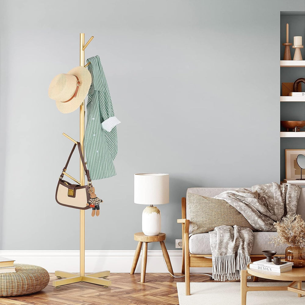 ZOZOE Coat Rack with 8 Hooks, Golden Adjustable Coat Rack Stand