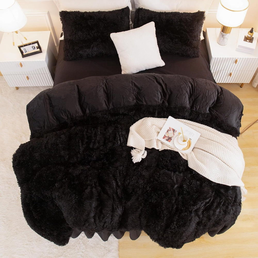 Andency King Size Comforter Set Black, Fluffy Faux Fur Warm Bedding Set