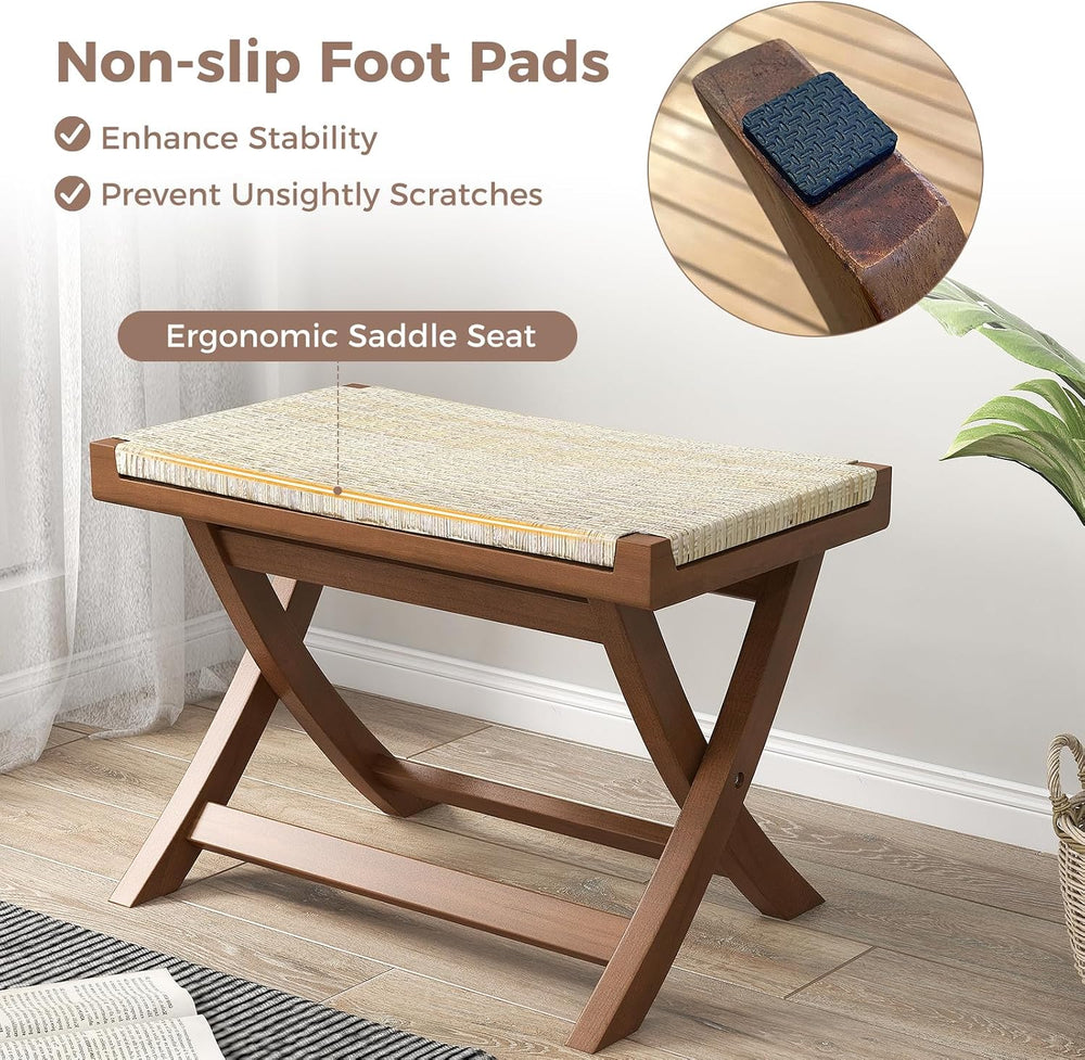Tangkula Folding Natural Rattan Ottoman, Saddle Footrest Stool with Hand-Wove...