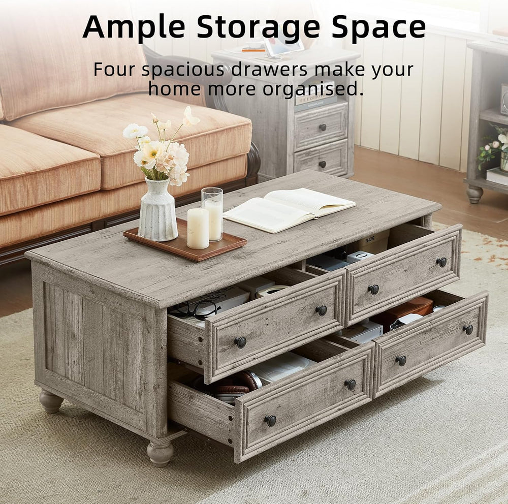 RWYHG 48" Farmhouse Grey Coffee Table, Center Table with 4 Drawers