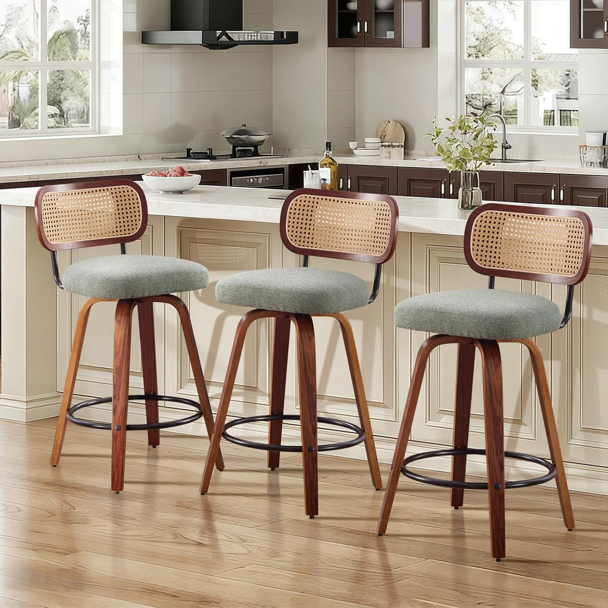 SoarFlash Modern Swivel Bar Stools Set of 3, 26" Counter Height Bar Stools with Walnut Wood Legs, Rattan-Back, PU Leather/Linen Seat, Metal Footrest for Kitchen Island