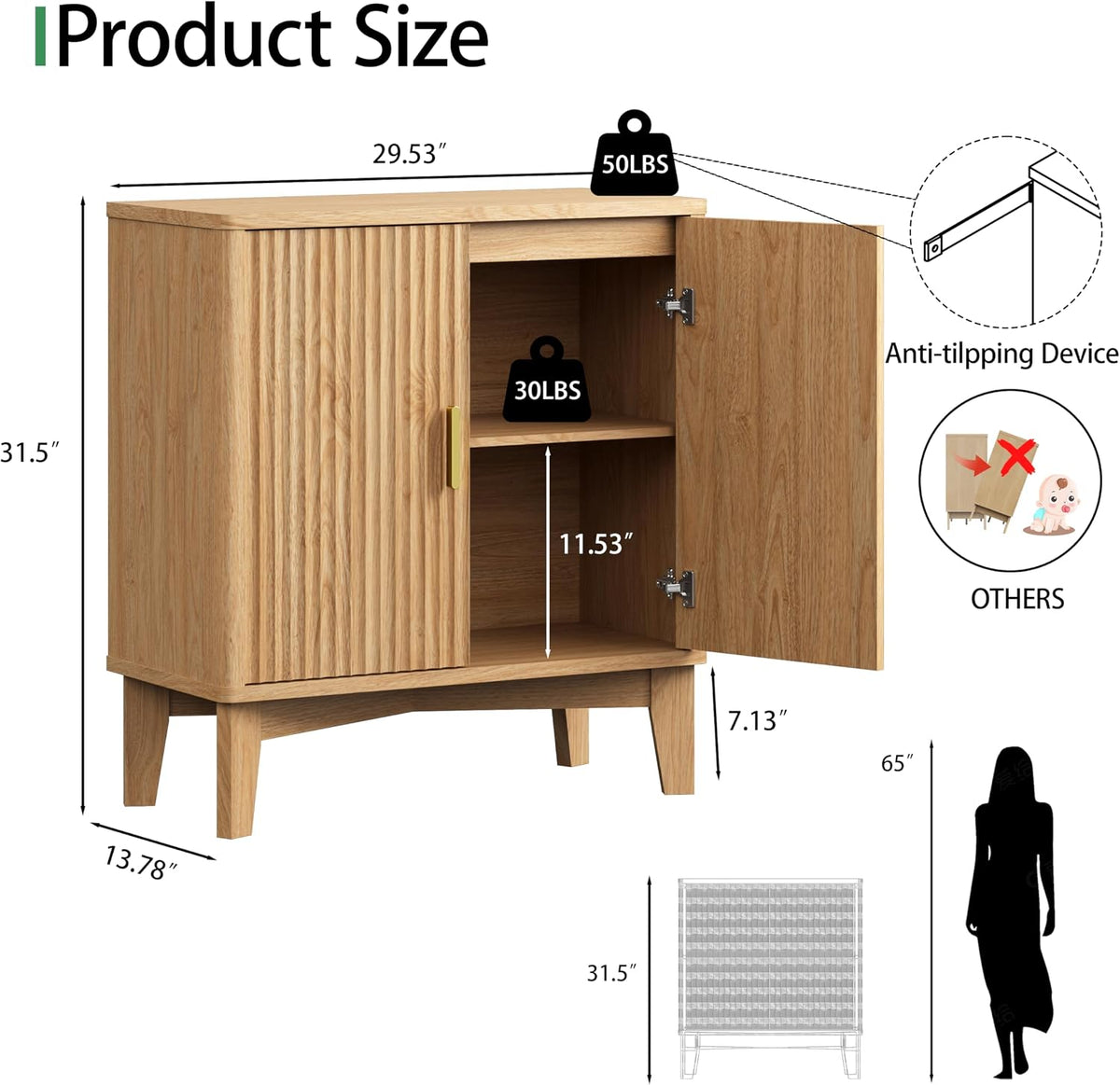 Xixini Fluted Sideboard Buffet Cabinet, 30" Wood Coffee Bar Cabinet, Oak