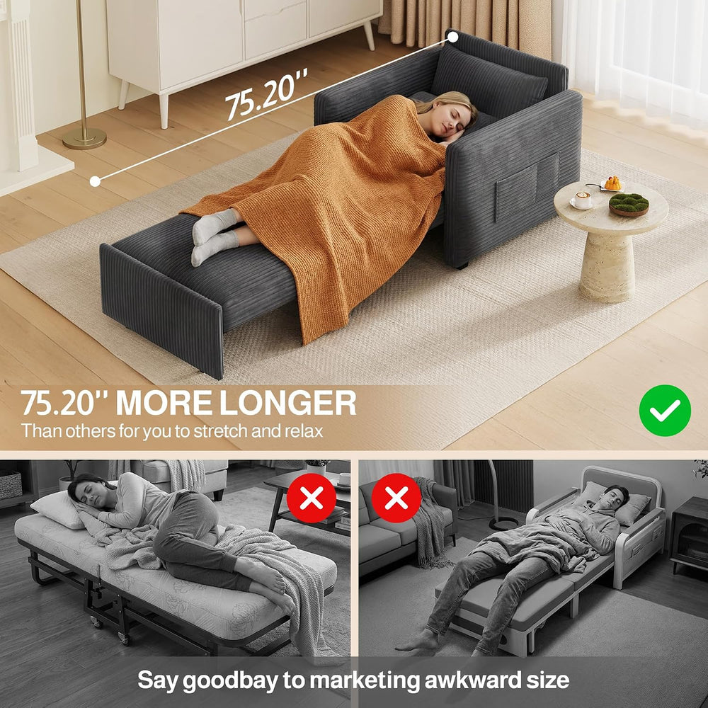 Ahomly 3 in 1 Pull Out Sleeper Chair, 75.2” Corduroy Single Sofa, Dark Gray