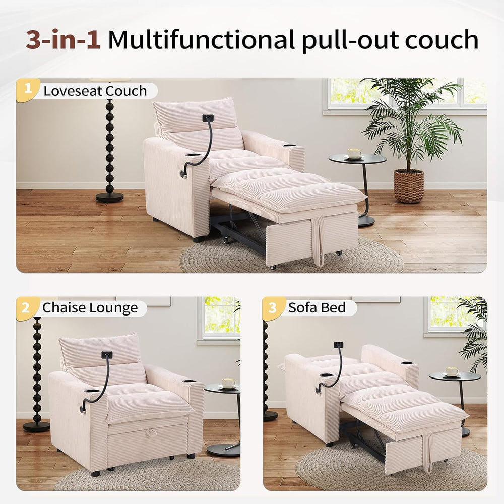 HAOMARKETS Corduroy Sleeper Sofa Bed with Cup Holders, 3-in-1 Convertible Pul...