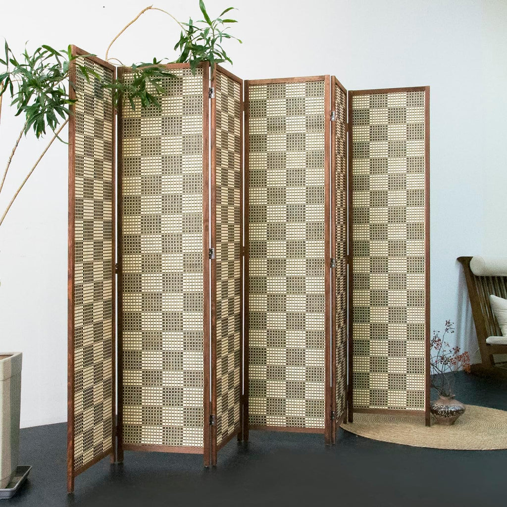 Furnnylane 6 Panel Bamboo Room Divider – 5.6 ft Tall Double-Sided Folding Privacy Screen, Freestanding Wall Partition for Home Office & Bedroom, Gray Brown Woven Texture, Easy Setup (67" H x 94.5" W)