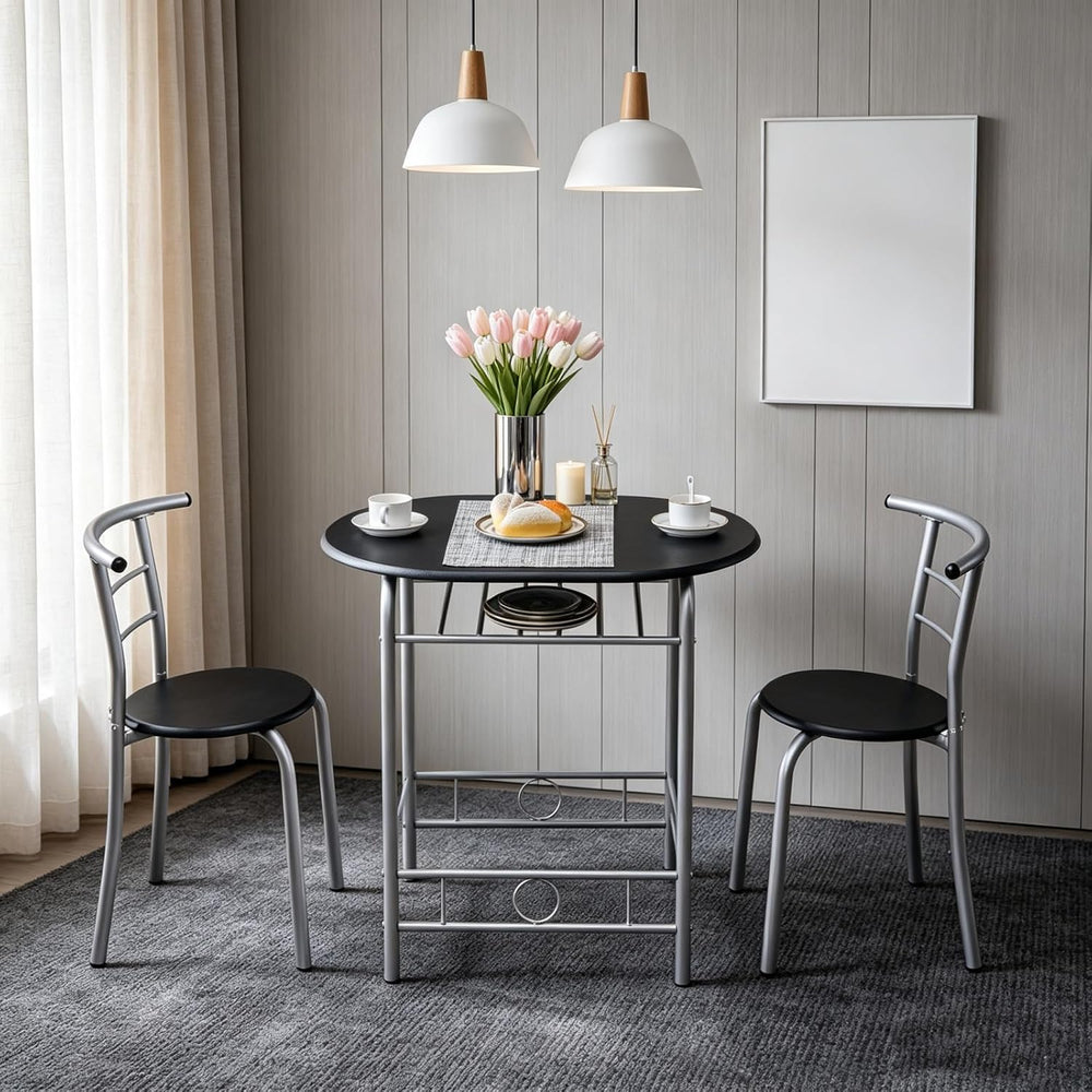 Space-Saving 3-Piece Dining Table Set, Table with 2 Stools, Black