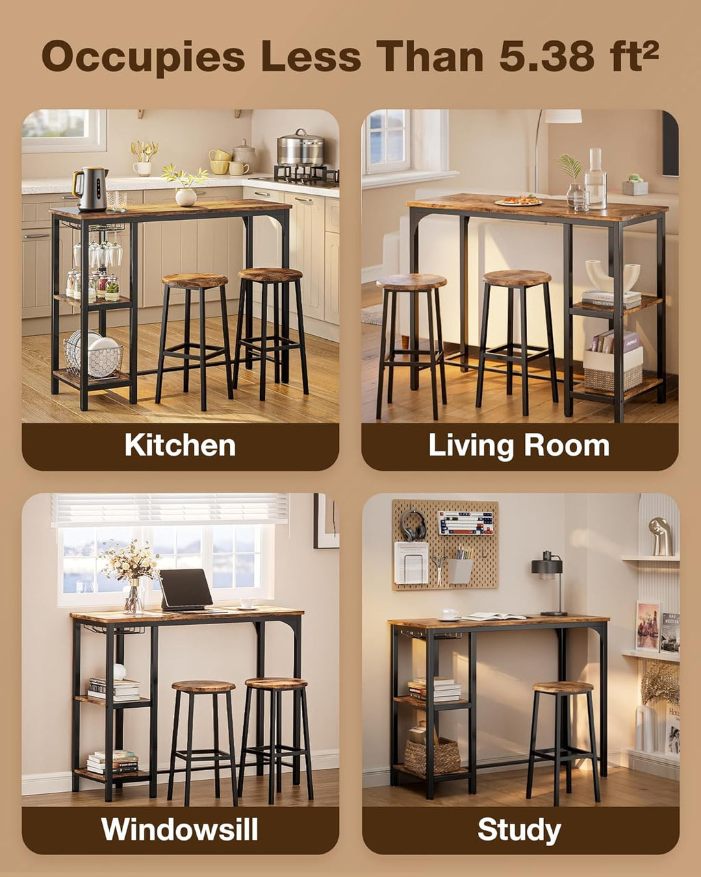 Qsun 3-Piece Bar Table Set for 2 | Bar Height Table with Stools & 2 Storage Shelves, Small Bar Table Set with Glass Rack, Small Kitchen Table for Dining Room