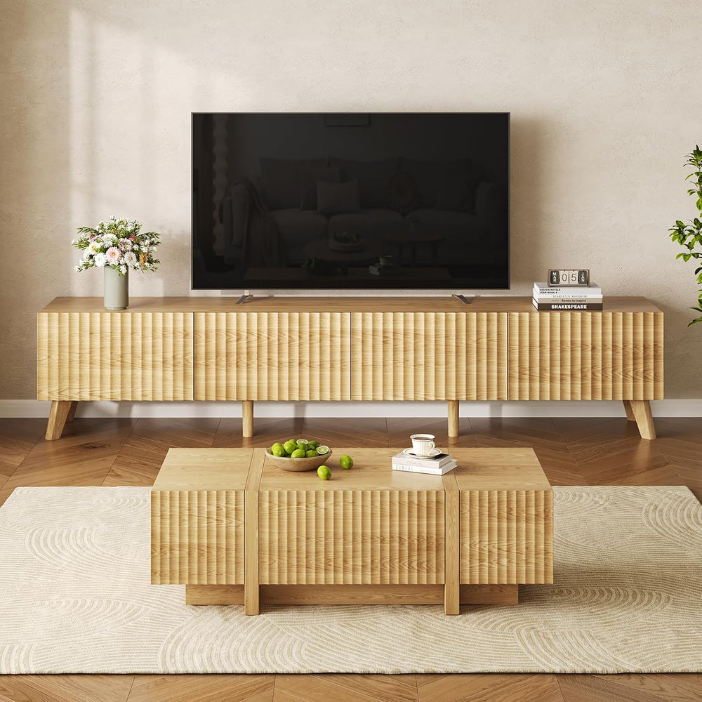Fluted TV Stand and Coffee Table Set of 2, Rectangular, Natural