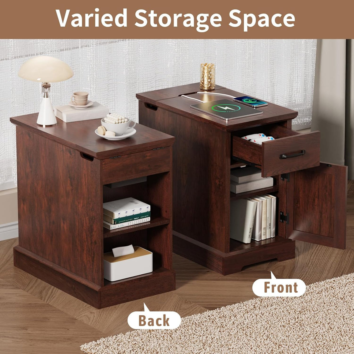 HOMMPA 23.6'' Farmhouse Narrow End Table w/Charging Station Rustic Cherry