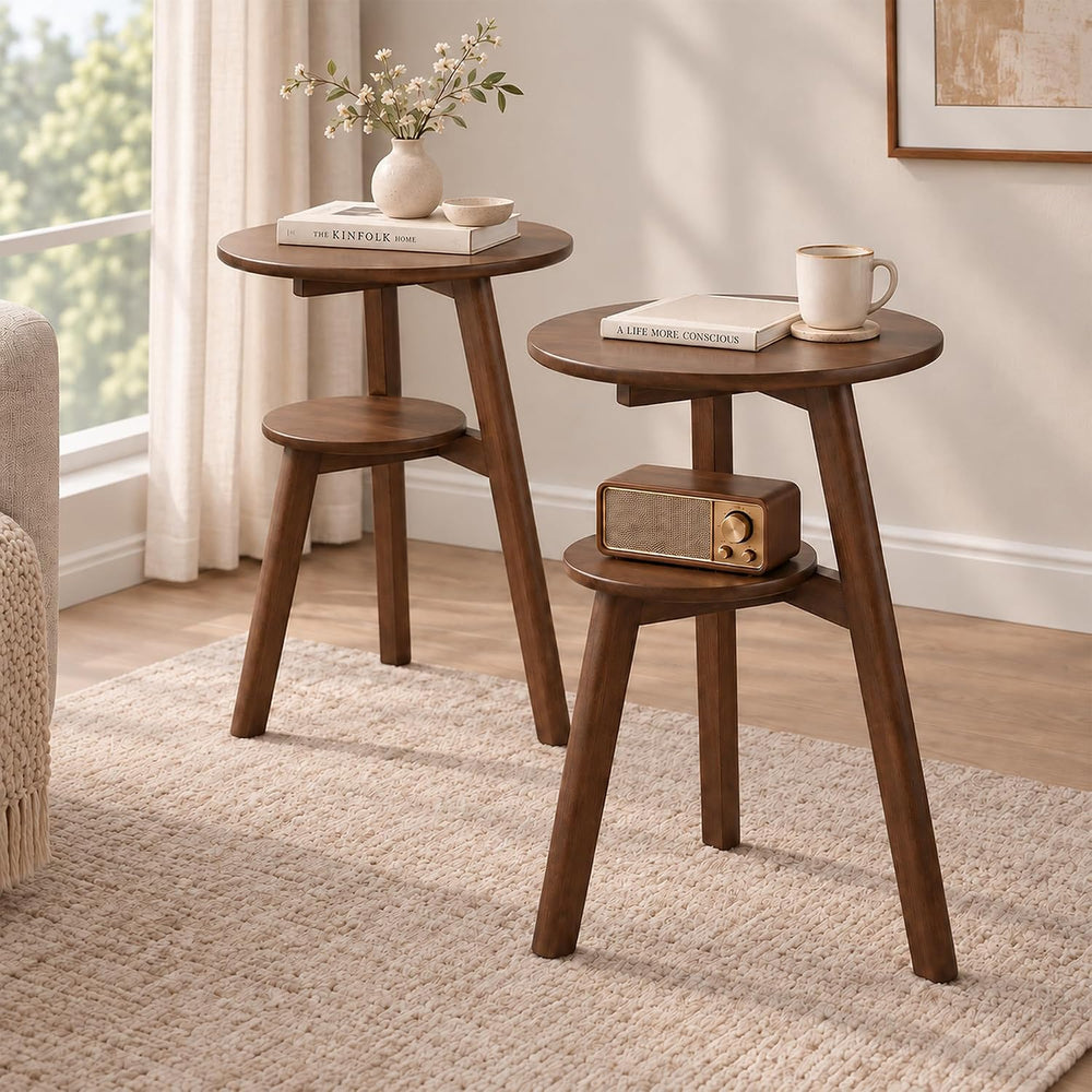 Small Round Side Table Set of 2, 16.5" 2-Tier Solid Wood End Tables, Walnut