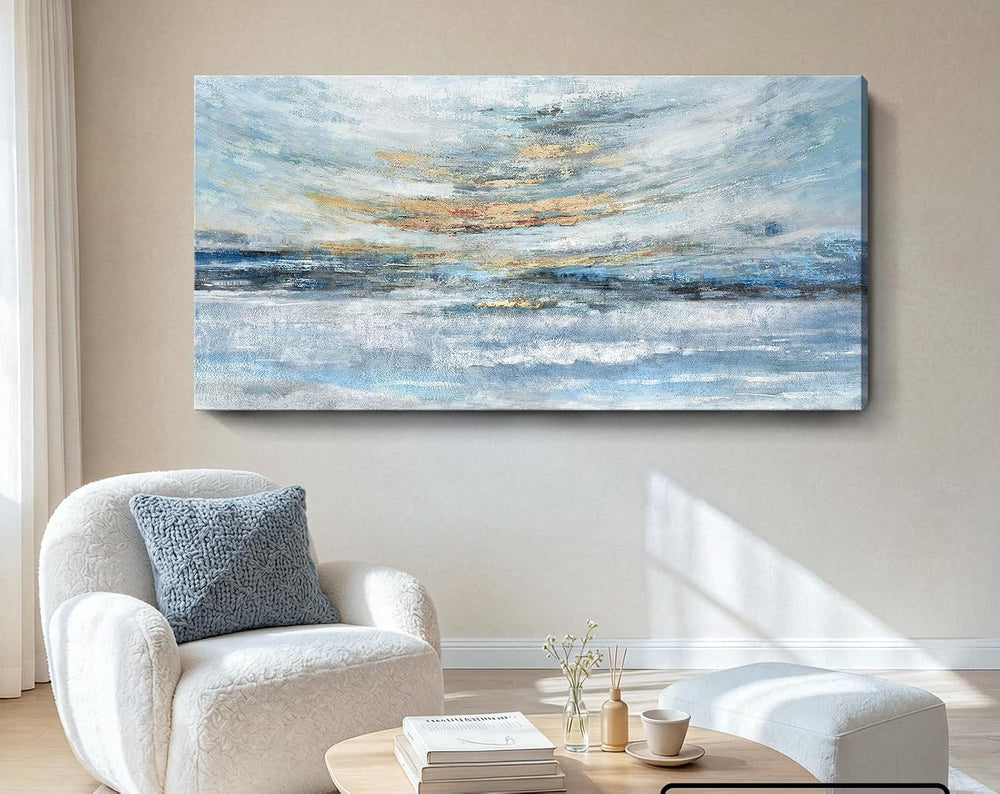 Nicetop Large Ocean Canvas Wall Art 48x24 Abstract Coastal Blue Gold