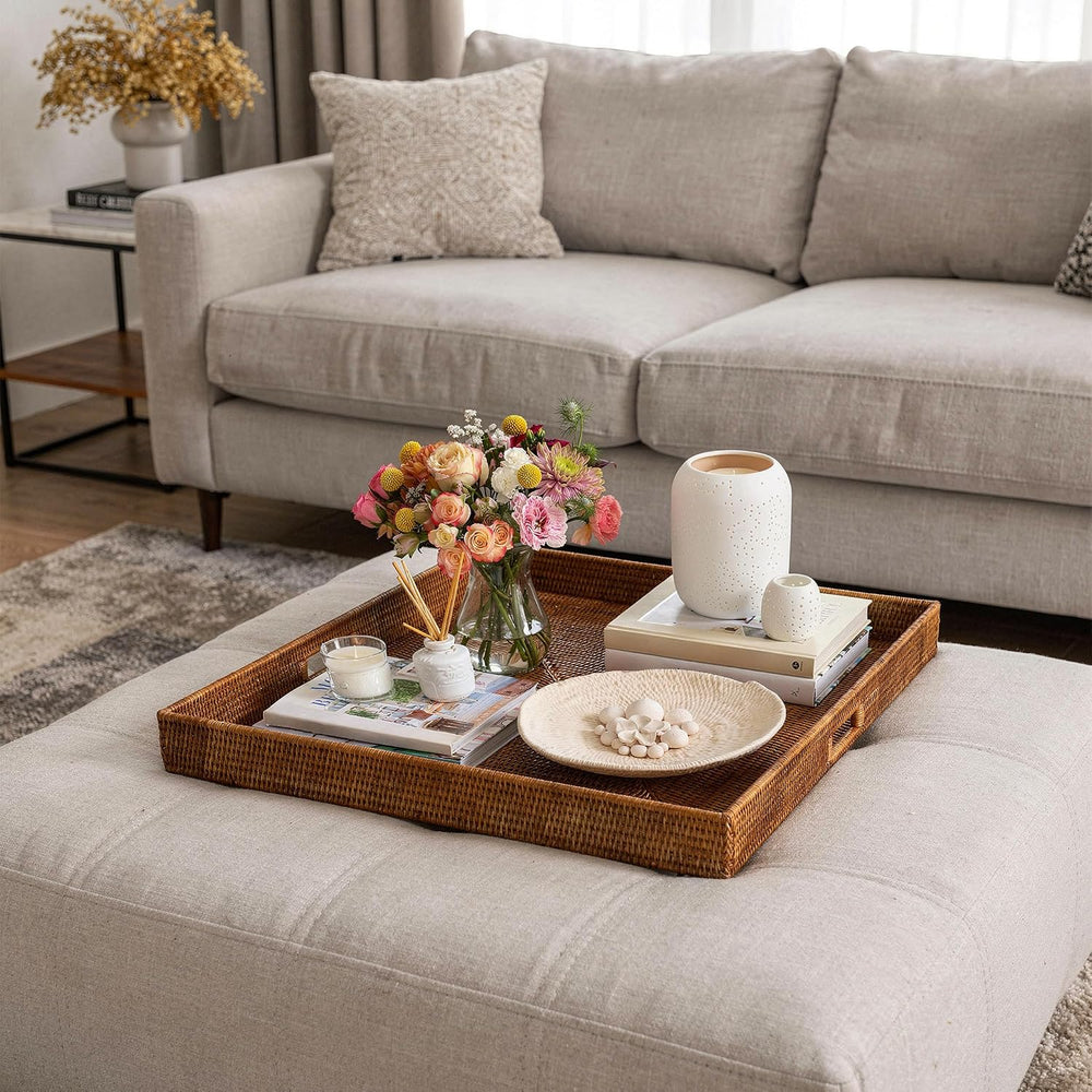KOUBOO Square Rattan Jumbo Centerpiece Tray, 39.5 in x 39.5 in, Honey-Brown