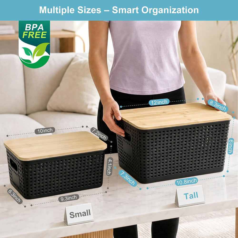 Bagnizer Small Plastic Storage Bins with Bamboo Lids 5.2qt Stackable Box Bask...