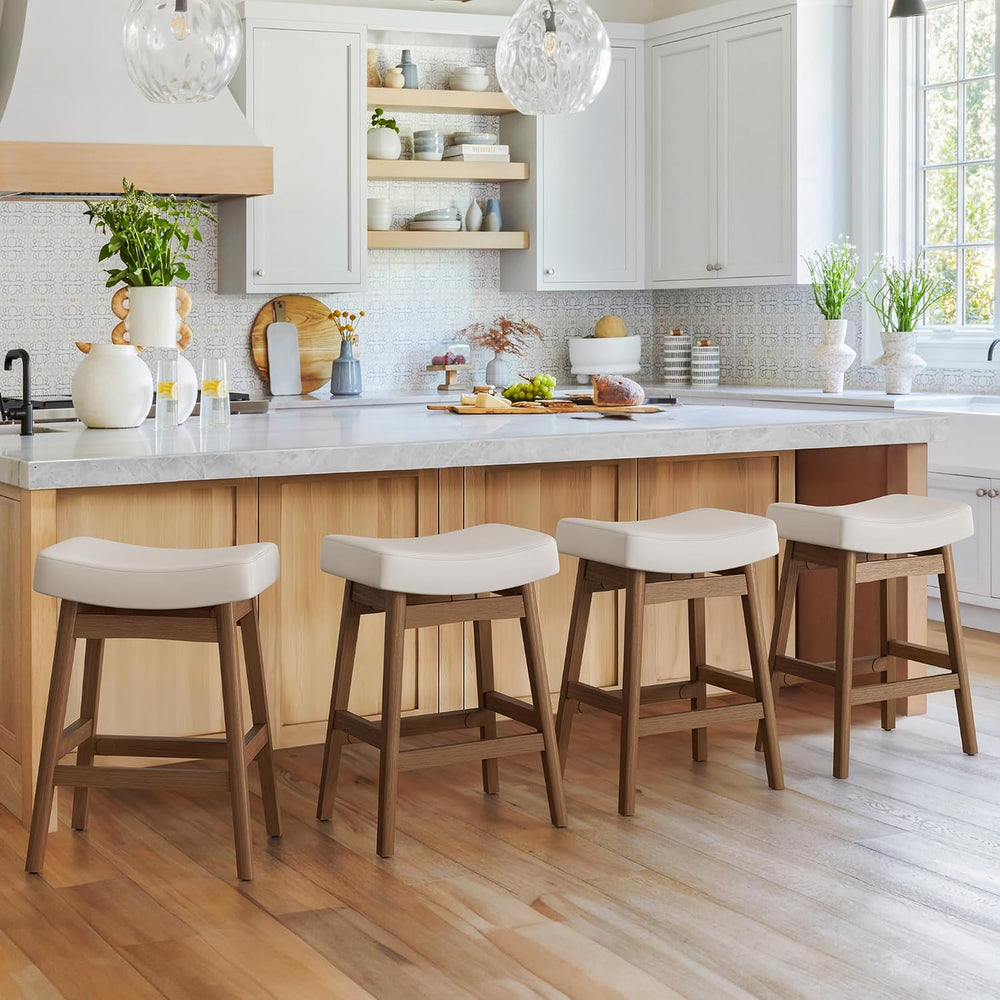 Cozyman Bar Stools Set of 4, Barstools with Sturdy Wood Legs, Saddle Seat Cou...