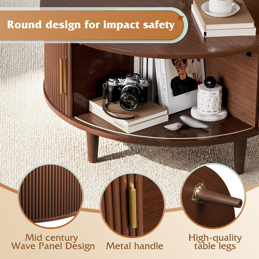WLIVE 31.5" Round Coffee Table with Storage, Walnut Brown