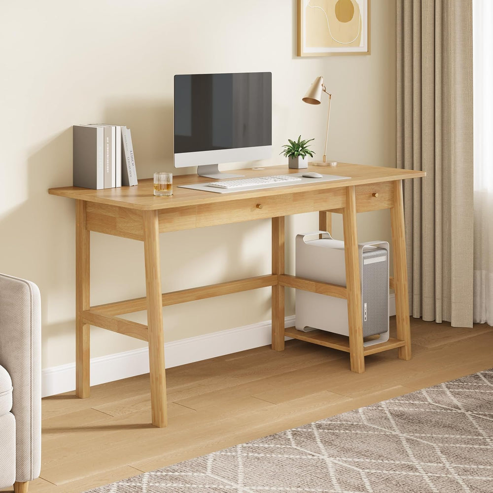 NELYE Solid Wood Writing Desk with Drawer, 58" W x 24" D, Oak