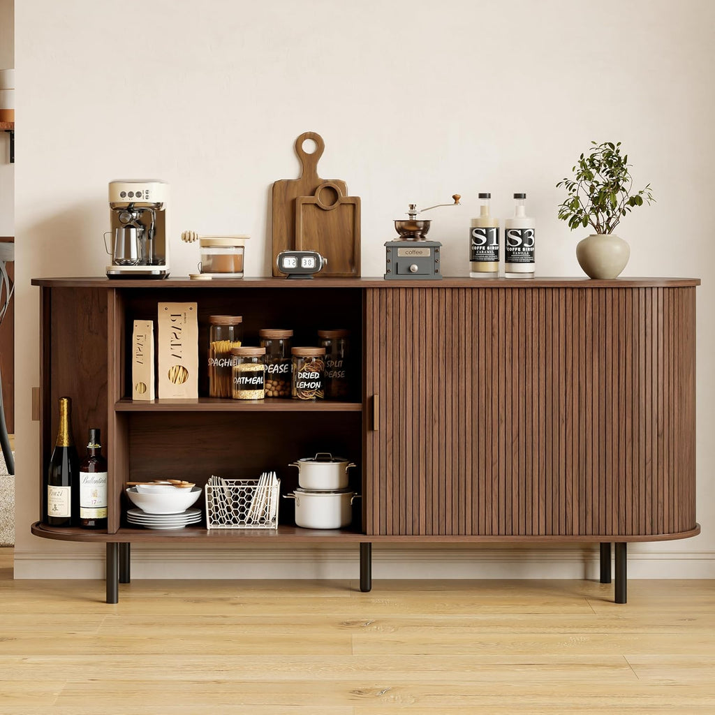 ComfyCorner 63" Fluted Buffet Sideboard Cabinet with Sliding Door, Walnut