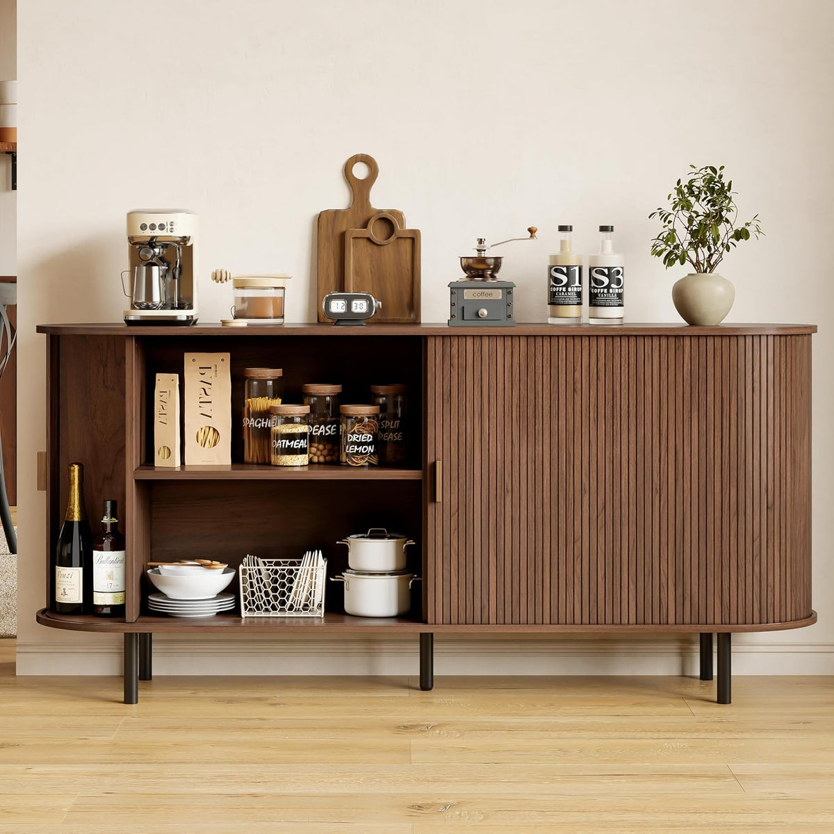 ComfyCorner 63" Fluted Buffet Sideboard Cabinet with Sliding Door, Walnut