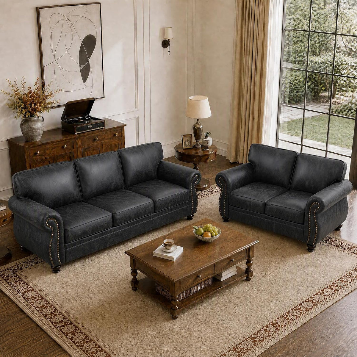 Couchus 88"W Living Room Furniture Sets, 3-Seater&Loveseat, Grey | Faux Leather Fabric Sofa and Couch Sets, Mid-Century Sofa Set with Nailhead Trim (2-Piece)