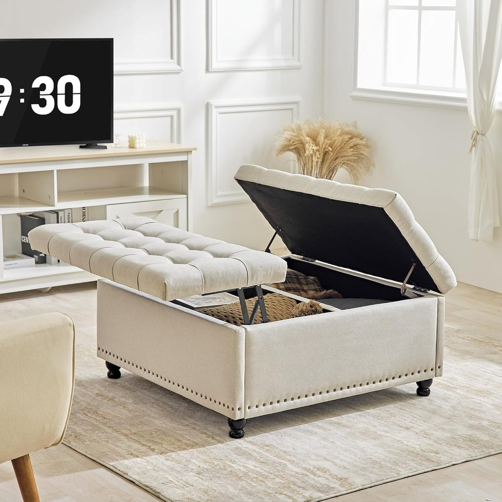 Redlife 35 Inch Large Square Storage Ottoman, Coffee Table Ottoman, Linen